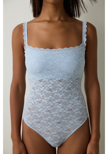 Açık Mavi Kare Yaka Balensiz Çıkarılabilir Kaplı Bodysuit