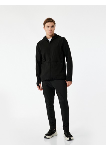 Slim Fit Uzun Kollu Fermuarlı Cep Detaylı Kapşonlu Spor Sweatshirt