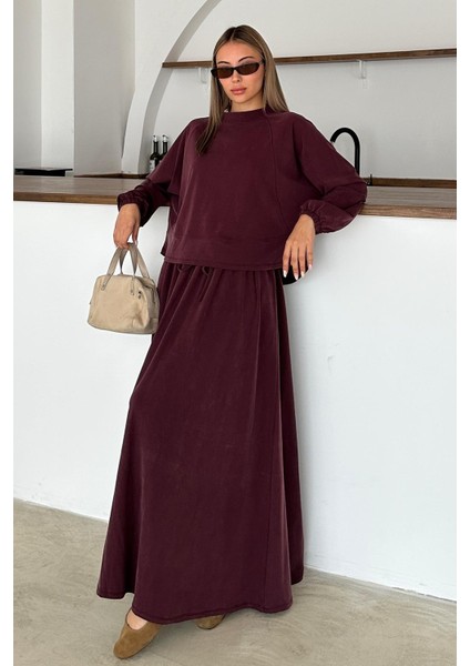 Bisiklet Yaka Premium Kumaş Sweat Etek Takım Bordo 9383-TK