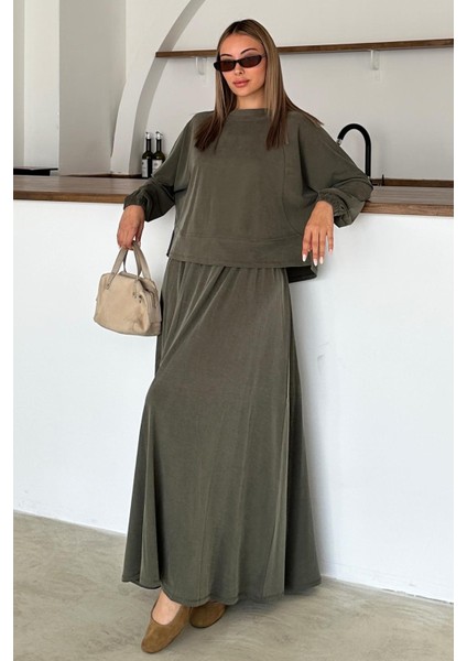 Bisiklet Yaka Premium Kumaş Sweat Etek Takım Haki 9383-TK
