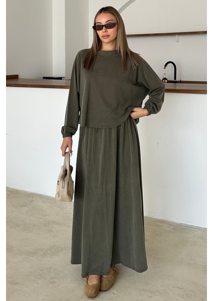 Bisiklet Yaka Premium Kumaş Sweat Etek Takım Haki 9383-TK modelleri
