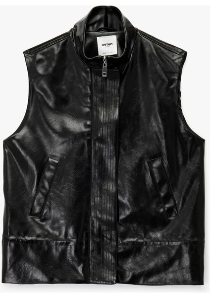 Cepli Fermuarlı Dik Yaka Suni Deri Yelek modelleri