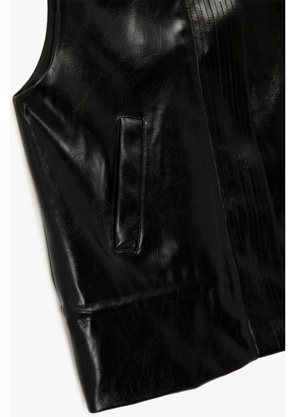 Cepli Fermuarlı Dik Yaka Suni Deri Yelek