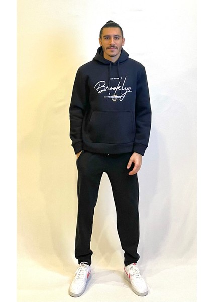Erkek Kapşonlu Rahat Kalıp Içi Polarlı 3 Iplik El Yazılı Brooklyn Baskılı Sweatshırt SPR24SW16