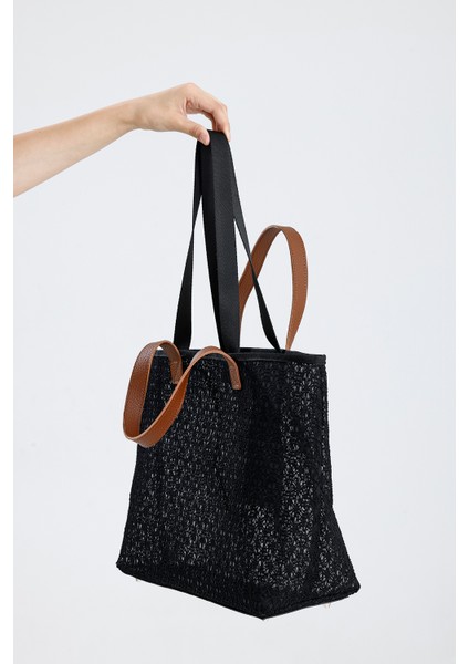 Kadın Siyah Dantel Desenli Büyük Boy Plaj ve Alışveriş Shopper Tote Omuz Çantası modelleri