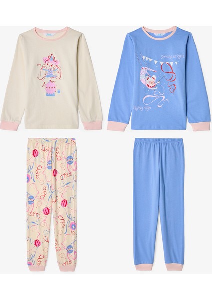 Kız Çocuk Twist Kurdela Desenli Uzun Kollu Pamuklu 2'li Pijama Takımı