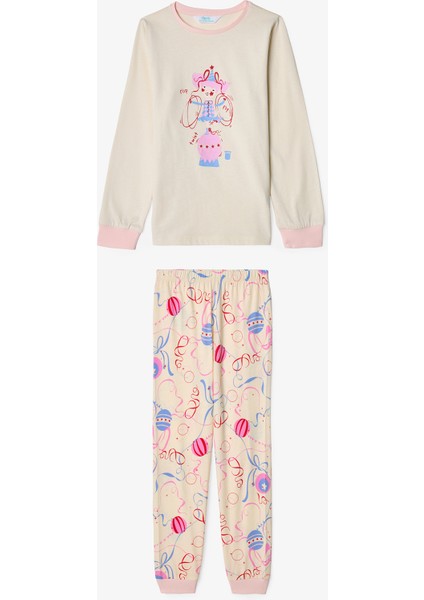 Kız Çocuk Twist Kurdela Desenli Uzun Kollu Pamuklu 2'li Pijama Takımı