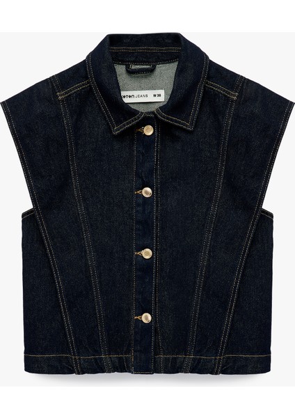 Klasik Yaka Dikiş Detaylı Pamuklu Düğmeli Denim Yelek