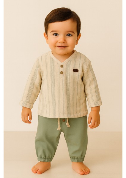 V Yaka Çizgili %100 Pamuk Müslin Kumaş Bebek ve Çocuk Erkek Ikili Takım