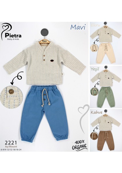 V Yaka Çizgili %100 Pamuk Müslin Kumaş Bebek ve Çocuk Erkek Ikili Takım