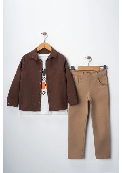 Erkek Çocuk Kolu Ayarlanabilir Gömlekli Pantolonlu Tişörtlü Üçlü Takım