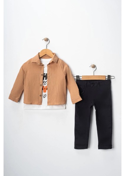Erkek Çocuk Kolu Ayarlanabilir Gömlekli Pantolonlu Tişörtlü Üçlü Takım