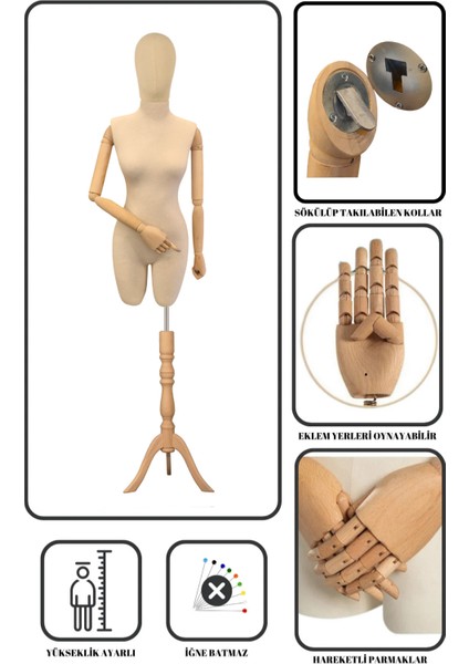 Çengel Aparatlı 40 Beden Pinokyo Kollu Pantolon Giyebilen Terzi Mankeni Kumaş Kafalı