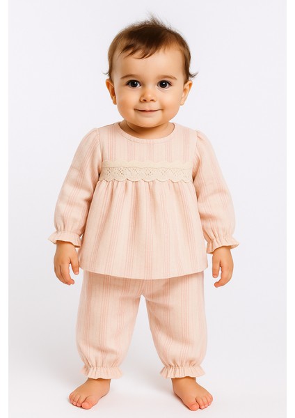 Dantel Detaylı %100 Pamuk Müslin Kumaş Bebek ve Çocuk Kız Ikili Takım