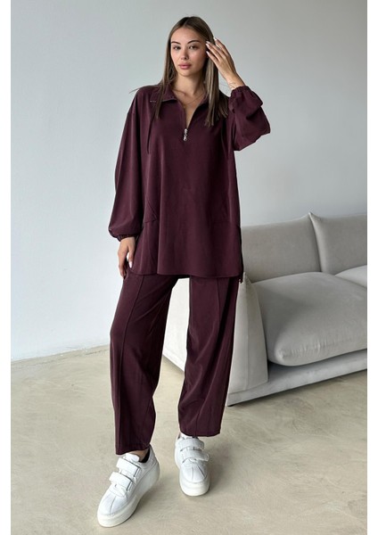 Yakası Fermuar Detaylı Premium Örme Kumaş Tunik Pantolon Takım Bordo 9375-TK fiyatları