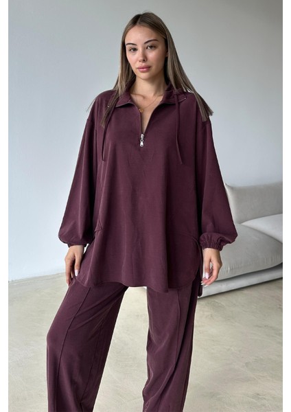 Yakası Fermuar Detaylı Premium Örme Kumaş Tunik Pantolon Takım Bordo 9375-TK modelleri