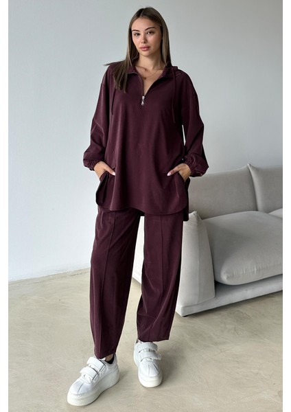Yakası Fermuar Detaylı Premium Örme Kumaş Tunik Pantolon Takım Bordo 9375-TK fırsatları