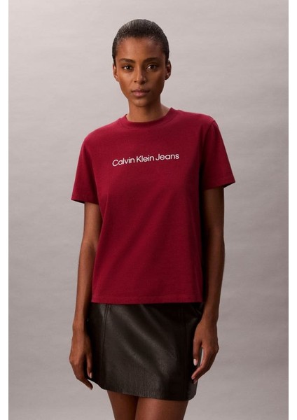 Kadın Regular Kalıp Yazı Baskılı T-Shirt - Bordo