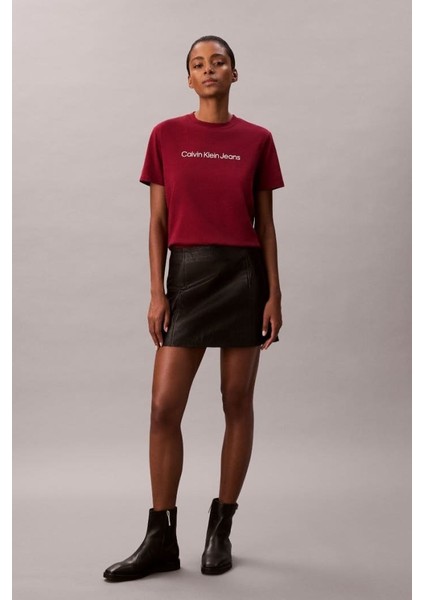Kadın Regular Kalıp Yazı Baskılı T-Shirt - Bordo indirimleri