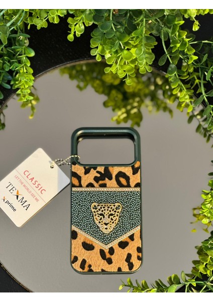 IPHONE17PRO Taşlı Premium Leopar Desenli Tüylü Kılıf