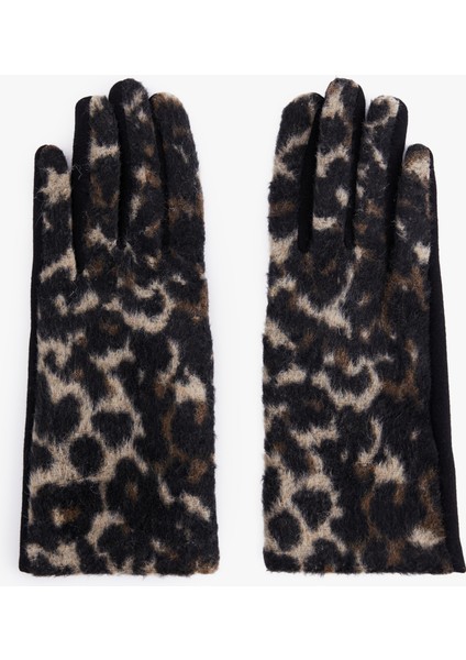 Kalp Işlemeli Leopar Desenli Eldiven