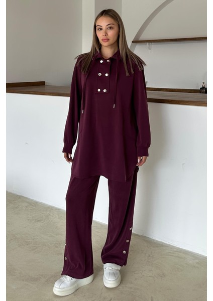 Metal Aksesuarlı Premium Kumaş Salaş Sweat Pantolon Takım Bordo 9372-TK