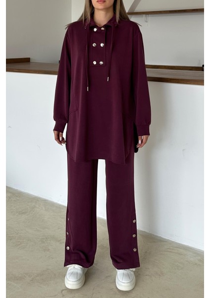 Metal Aksesuarlı Premium Kumaş Salaş Sweat Pantolon Takım Bordo 9372-TK modelleri