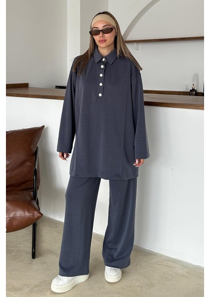 Gömlek Yaka Premium Örme Kumaş Tunik Pantolon Takım Indigo 9374-TK