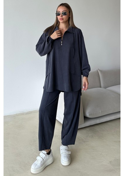 Yakası Fermuar Detaylı Premium Örme Kumaş Tunik Pantolon Takım Indigo 9375-TK fiyatları