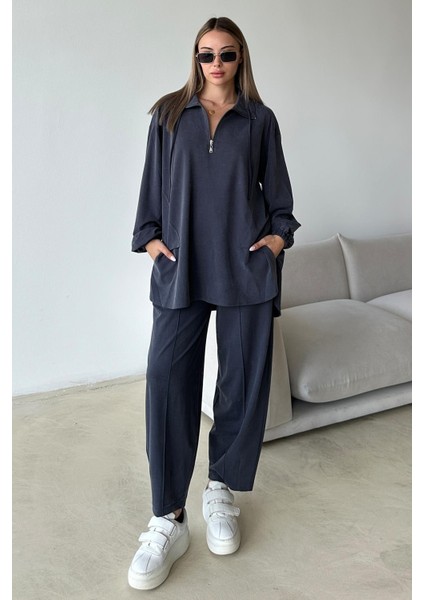 Yakası Fermuar Detaylı Premium Örme Kumaş Tunik Pantolon Takım Indigo 9375-TK fırsatları