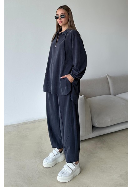 Yakası Fermuar Detaylı Premium Örme Kumaş Tunik Pantolon Takım Indigo 9375-TK indirimleri