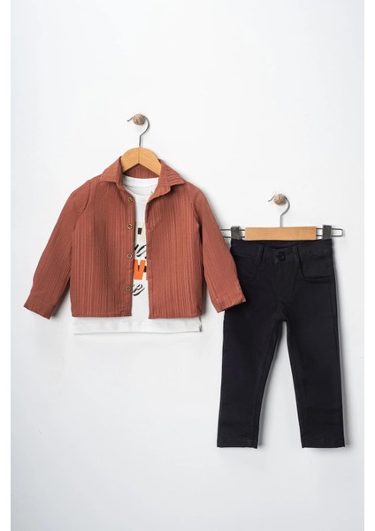 Erkek Çocuk Kolu Ayarlanabilir Gömlekli Pantolonlu Tişörtlü Üçlü Takım