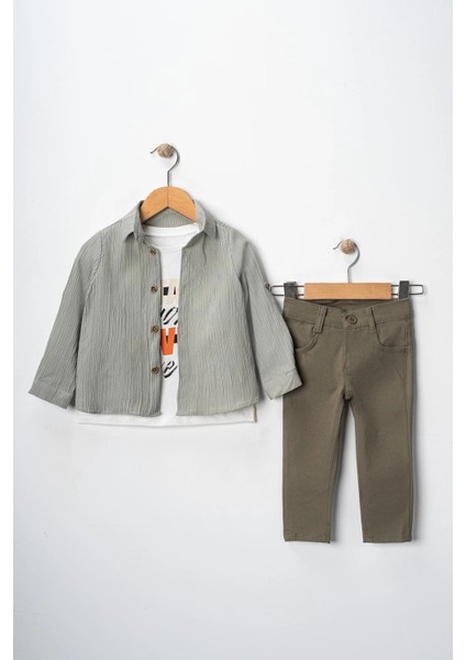 Erkek Çocuk Kolu Ayarlanabilir Gömlekli Pantolonlu Tişörtlü Üçlü Takım
