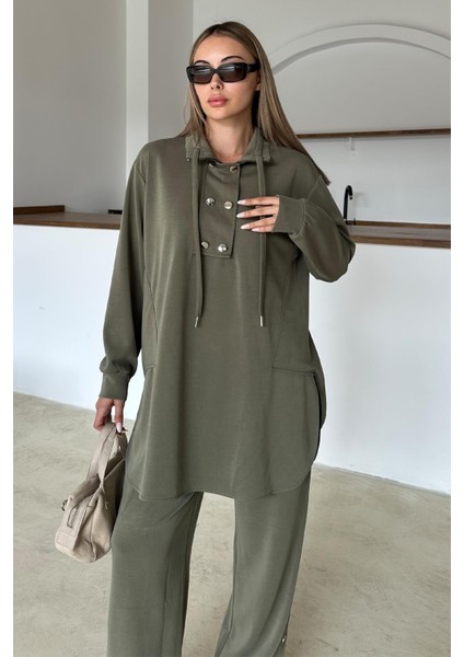 Metal Aksesuarlı Premium Kumaş Salaş Sweat Pantolon Takım Haki 9372-TK modelleri