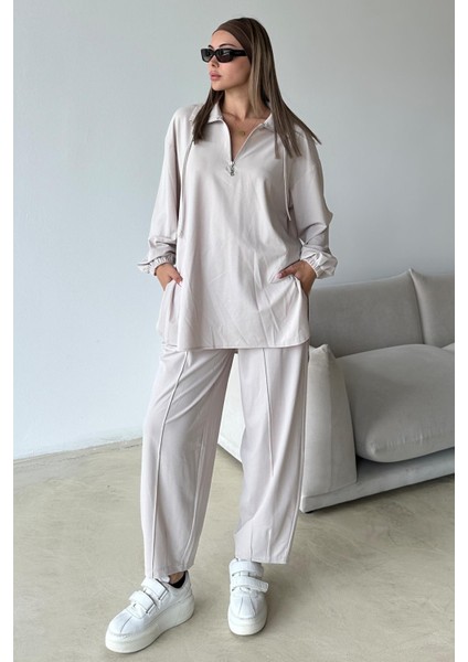 Yakası Fermuar Detaylı Premium Örme Kumaş Tunik Pantolon Takım Taş 9375-TK