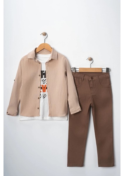Erkek Çocuk Kolu Ayarlanabilir Gömlekli Pantolonlu Tişörtlü Üçlü Takım