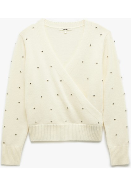 Uzun Kollu Kruvaze V Yaka Taşlı Triko Kazak modelleri