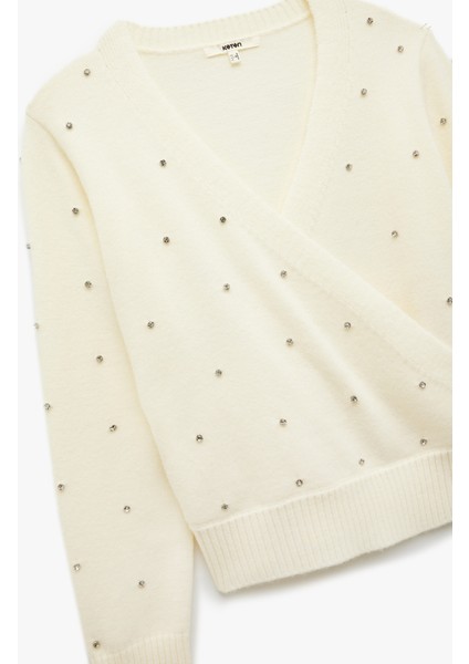 Uzun Kollu Kruvaze V Yaka Taşlı Triko Kazak indirimleri