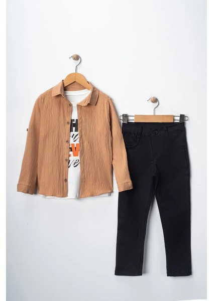 Erkek Çocuk Kolu Ayarlanabilir Gömlekli Pantolonlu Tişörtlü Üçlü Takım