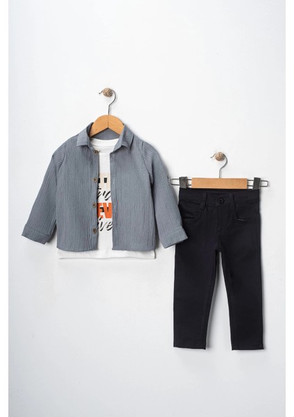 Erkek Çocuk Kolu Ayarlanabilir Gömlekli Pantolonlu Tişörtlü Üçlü Takım