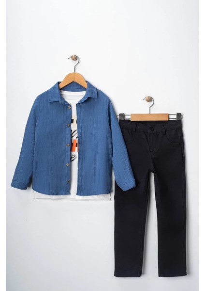 Erkek Çocuk Kolu Ayarlanabilir Gömlekli Pantolonlu Tişörtlü Üçlü Takım