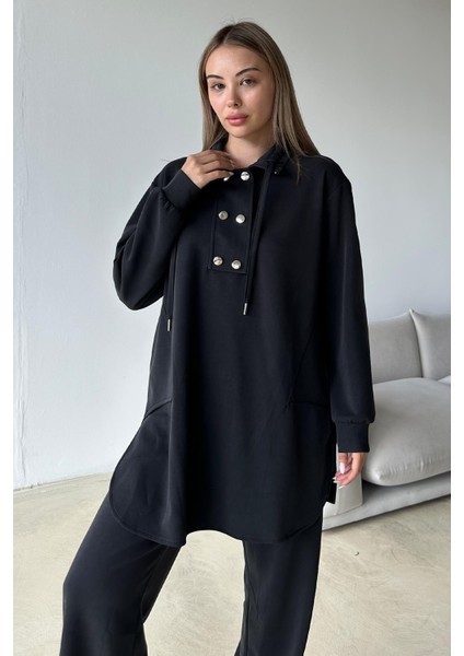 Metal Aksesuarlı Premium Kumaş Salaş Sweat Pantolon Takım Siyah 9372-TK modelleri