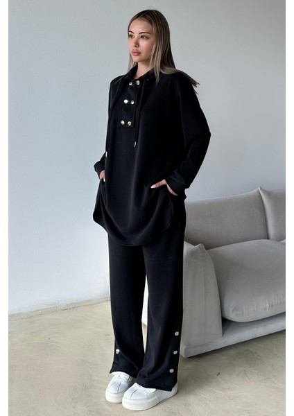 Metal Aksesuarlı Premium Kumaş Salaş Sweat Pantolon Takım Siyah 9372-TK fırsatları