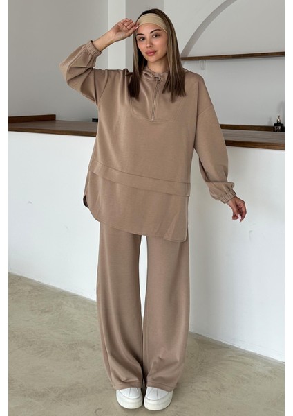 Kapüşonlu Fermuar Detaylı Premium Kumaş Sweat Pantolon Takım Kamel 9373-TK modelleri