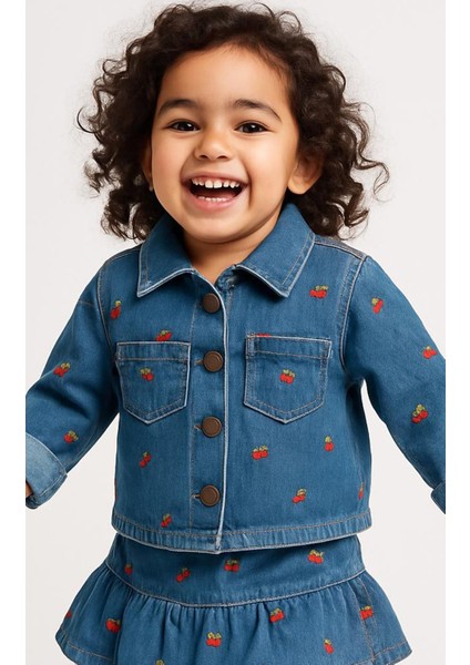 Kız Çocuk Kalp Nakışlı Kot Ceket