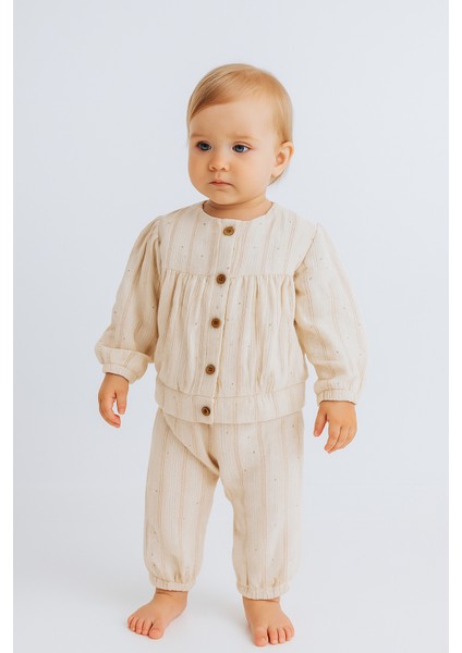 Çizgi Detaylı Düğmeli %100 Pamuk Müslin Kumaş Bebek ve Çocuk Kız Ikili Takım