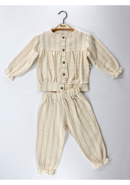 Çizgi Detaylı Düğmeli %100 Pamuk Müslin Kumaş Bebek ve Çocuk Kız Ikili Takım fiyatları