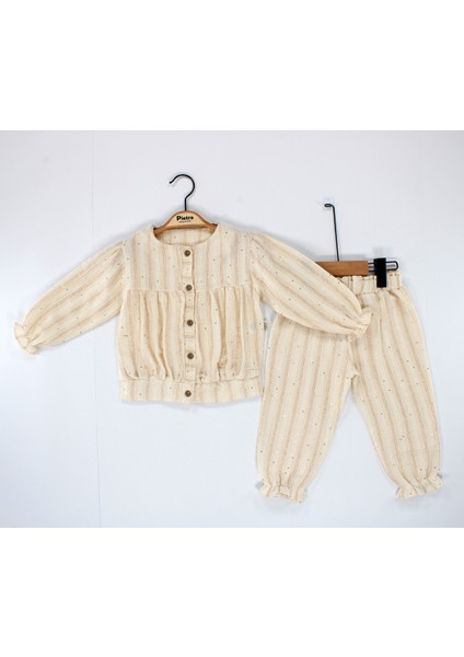 Çizgi Detaylı Düğmeli %100 Pamuk Müslin Kumaş Bebek ve Çocuk Kız Ikili Takım modelleri