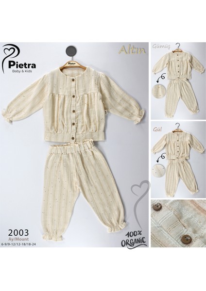Çizgi Detaylı Düğmeli %100 Pamuk Müslin Kumaş Bebek ve Çocuk Kız Ikili Takım