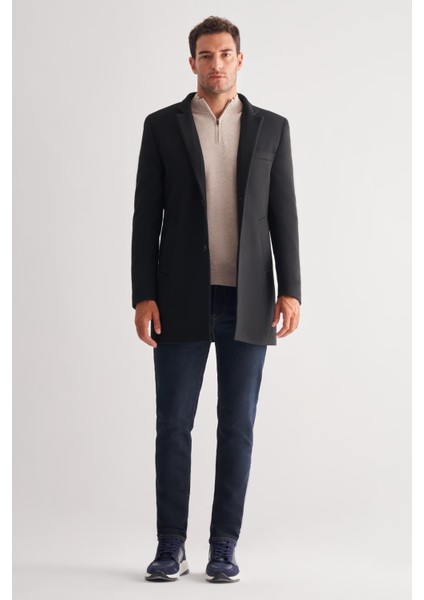 Siyah Dik Yaka Esnek Slim Fit Classic Kaşe Kaban 1008255171 fiyatları
